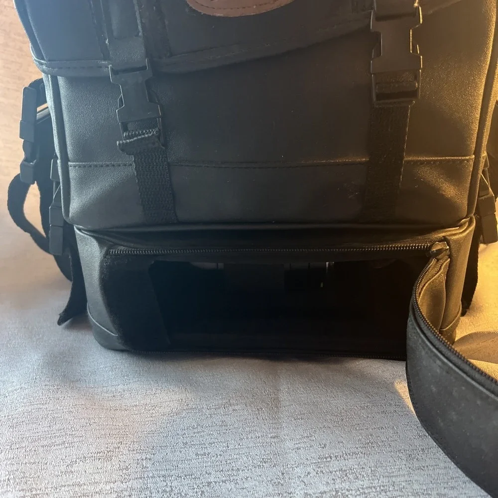 Two Piece Black Leather Material Traveler Camera Etc. Bag.